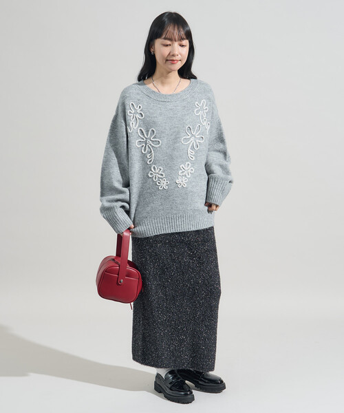 配色 コード刺繍 花柄 ニット プルオーバー（ニット/セーター
