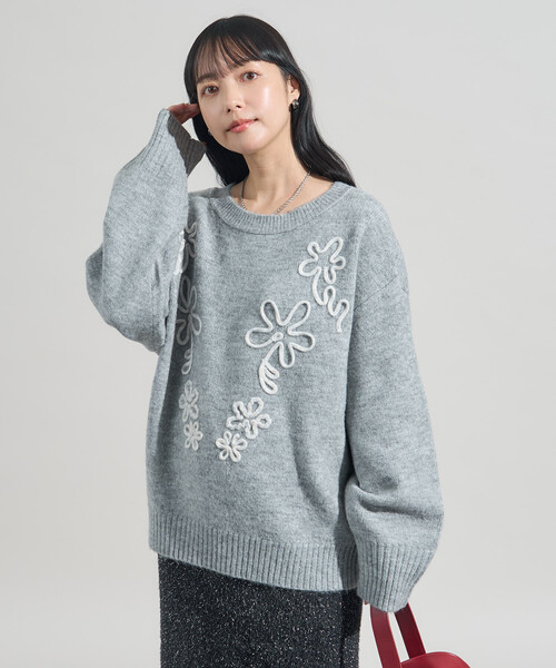 nanaママさん用となります ヤマダヤ　Vin 刺繍ニット プルオーバー　グレー セール】配色 コード刺繍 花柄 ニット プルオーバー（ニット/セーター