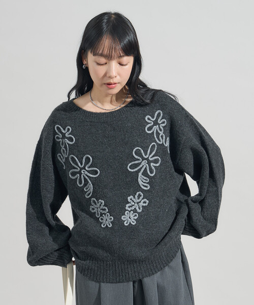 セール】配色 コード刺繍 花柄 ニット プルオーバー（ニット/セーター
