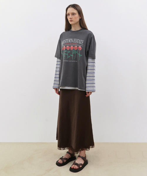 SINOON(シヌーン)の「Satin Lace Long Skirt (Brown)(スカート・レディース・ブラウン・FREE)」の2枚目の写真