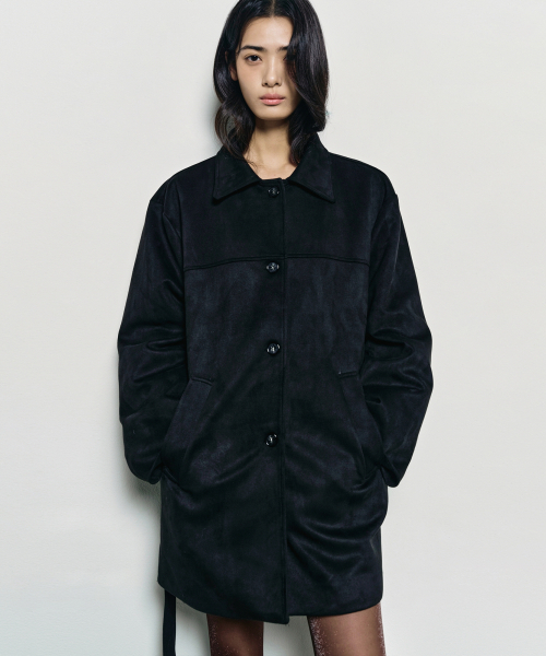 NICK&NICOLE(ニックアンドニコール)の「SUEDE BELTED HALF COAT_BLACK(チェスターコート・レディース・ブラック・FREE)」の1枚目の写真