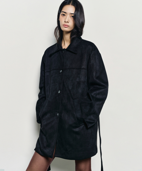 NICK&NICOLE(ニックアンドニコール)の「SUEDE BELTED HALF COAT_BLACK(チェスターコート・レディース・ブラック・FREE)」の2枚目の写真
