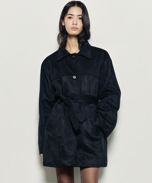 NICK&NICOLE(ニックアンドニコール)の「SUEDE BELTED HALF COAT_BLACK(チェスターコート・レディース・ブラック・FREE)」の3枚目の写真