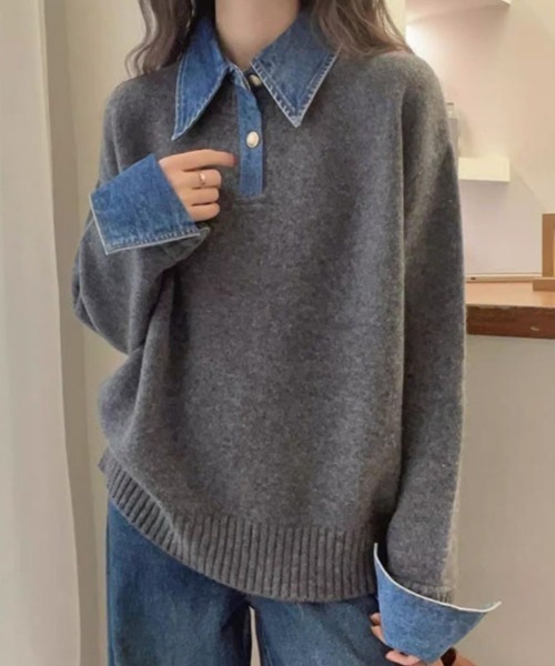 セール】デニム襟付きフェイクレイヤードニット / プルオーバー / 3色