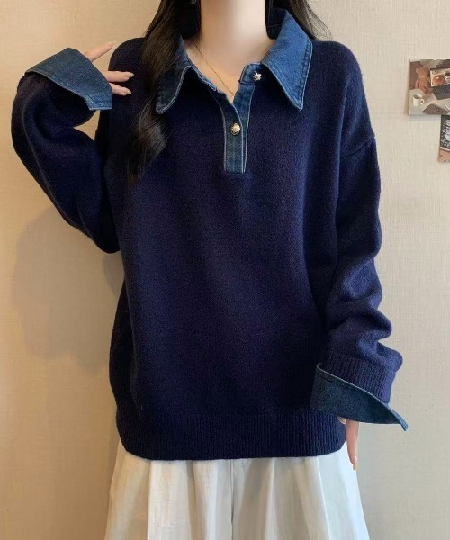 セール】デニム襟付きフェイクレイヤードニット / プルオーバー / 3色