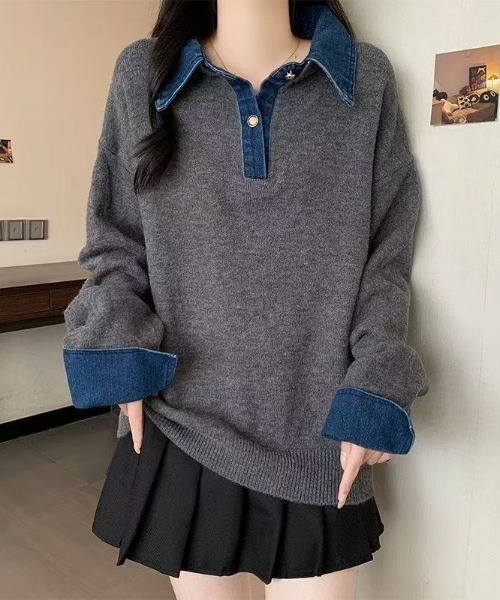 セール】デニム襟付きフェイクレイヤードニット / プルオーバー / 3色