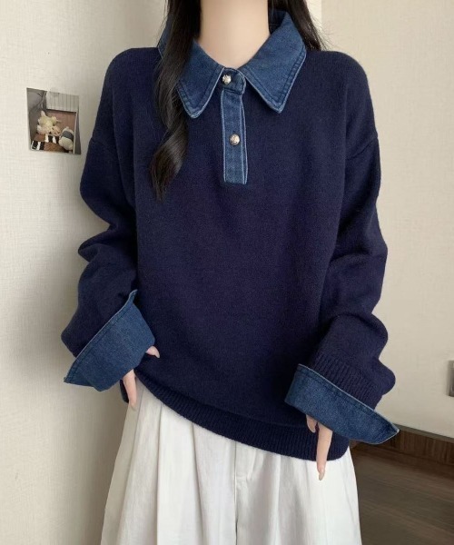 セール】デニム襟付きフェイクレイヤードニット / プルオーバー / 3色