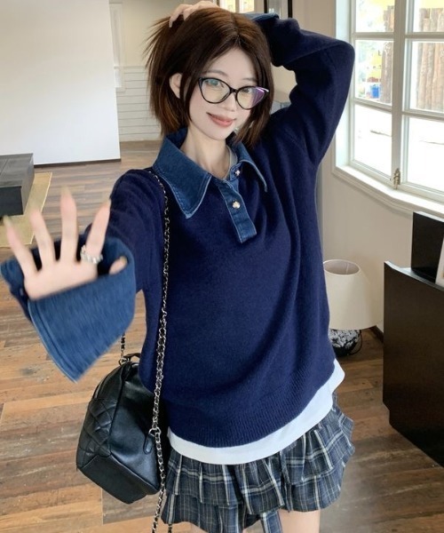 セール】デニム襟付きフェイクレイヤードニット / プルオーバー / 3色