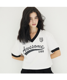 Vネックユニフォーム半袖Tシャツホワイト