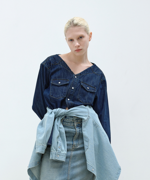 V-NECK OVERSIZED DENIM SHIRTS - DEEP BLUE