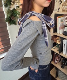 オフショルダー チェック柄 肩リボン トップス