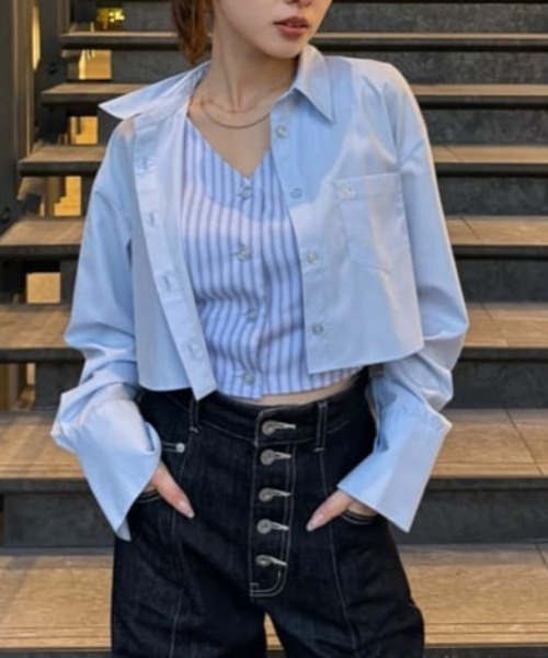 rienda（リエンダ）の「バックリボンレイヤードシャツ 春服（シャツ/ブラウス・レディース・ブルー/ピンク/ホワイト・SMALL/MEDIUM）」の3枚目の写真