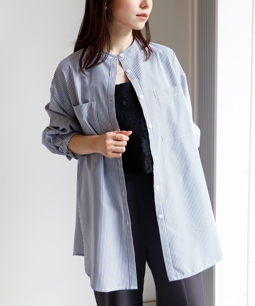 Sirin(シリン)の「【ZOZO限定】ストライプバンドカラーシャツ(シャツ/ブラウス・レディース・ベージュ/ネイビー/ピンク/グリーン・FREE)」の1枚目の写真