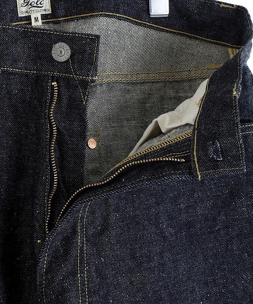 GOLD（ゴールド）の「GOLD / ゴールド：RECYCLED WASTE SUVIN COTTON YARN 14oz DENIM 5POCKET WIDE PANTS(ZIPPER FLY)：25B-GL42579A[MUS]（デニムパンツ・メンズ・ネイビー・M/L）」の3枚目の写真