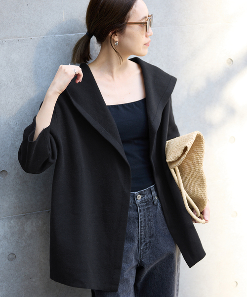 SLOBE IENA(スローブイエナ)の「《WEB限定》ニットフーディーカーディガン(カーディガン/ボレロ・レディース・ベージュ/ブラック・FREE)」の1枚目の写真