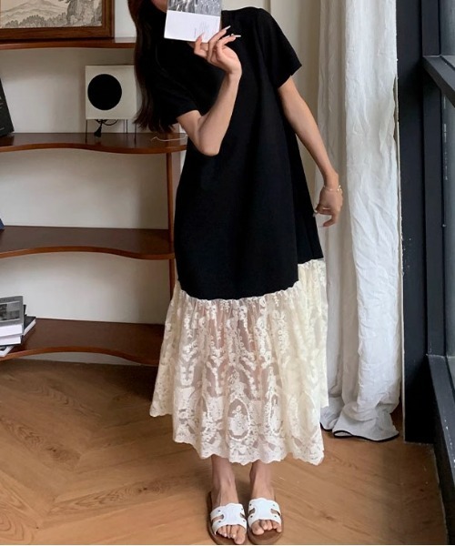 Maison Calme(メゾンカルム)の「【26年春夏新作】半袖 T シャツレースドッキングマキシワンピース 付属レーススカーフ付き レディース春夏レイヤード風(ワンピース・レディース・ブラック・M/L)」の6枚目の写真