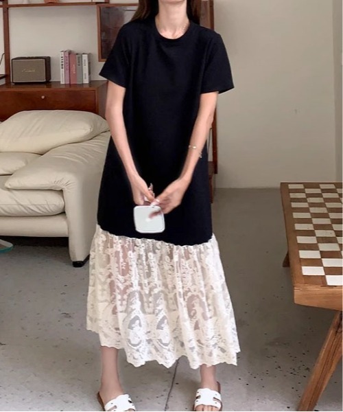 Maison Calme(メゾンカルム)の「【26年春夏新作】半袖 T シャツレースドッキングマキシワンピース 付属レーススカーフ付き レディース春夏レイヤード風(ワンピース・レディース・ブラック・M/L)」の8枚目の写真