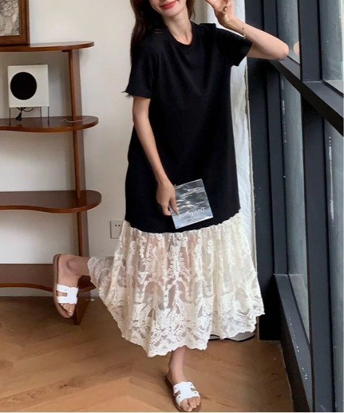 Maison Calme(メゾンカルム)の「【26年春夏新作】半袖 T シャツレースドッキングマキシワンピース 付属レーススカーフ付き レディース春夏レイヤード風(ワンピース・レディース・ブラック・M/L)」の19枚目の写真