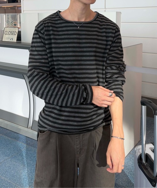 EPNK（イーピーエヌケー）の「Assorted border long sleeve tee / アソートボーダーロングスリーブtee（Tシャツ/カットソー・メンズ・ブラック/グレー/オフホワイト/ブラック系・LARGE/MEDIUM/SMALL）」の3枚目の写真