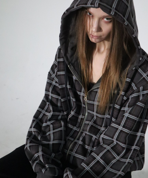 Tartan check over‑shirt hooded sweat full zip up chacoal — тартан‑овер‑рубашка с капюшоном и молнией