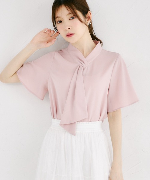 tocco closet（トッコ　クローゼット）の「ラッフルボウタイフレアスリーブブラウス（シャツ/ブラウス・レディース・ピンク/オフホワイト・M）」の2枚目の写真