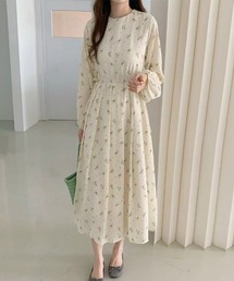 レトロな花柄にきゅん。花柄ワンピース レトロ 小花柄 ワンピース ロング プリーツワンピース ウエストマーク 長袖 春服 夏服