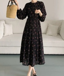 レトロな花柄にきゅん。花柄ワンピース レトロ 小花柄 ワンピース ロング プリーツワンピース ウエストマーク 長袖 春服 夏服