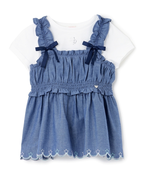 mezzo piano（メゾピアノ）の「カットワーク刺しゅうチュニック　半袖Tシャツセット（Tシャツ/カットソー・キッズ・ブルー/オフホワイト・140cm/130cm/120cm/110cm）」の2枚目の写真