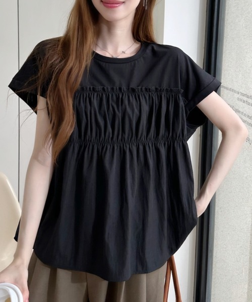 Ada.（エイダ）の「フロントギャザー ビスチェ風 フレンチスリーブカットソー（Tシャツ/カットソー・レディース・アイボリー/ブラック/ホワイト・FREE）」の3枚目の写真