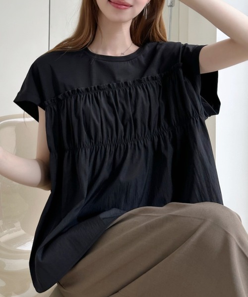 Ada.（エイダ）の「フロントギャザー ビスチェ風 フレンチスリーブカットソー（Tシャツ/カットソー・レディース・アイボリー/ブラック/ホワイト・FREE）」の4枚目の写真