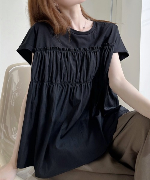 Ada.（エイダ）の「フロントギャザー ビスチェ風 フレンチスリーブカットソー（Tシャツ/カットソー・レディース・アイボリー/ブラック/ホワイト・FREE）」の7枚目の写真