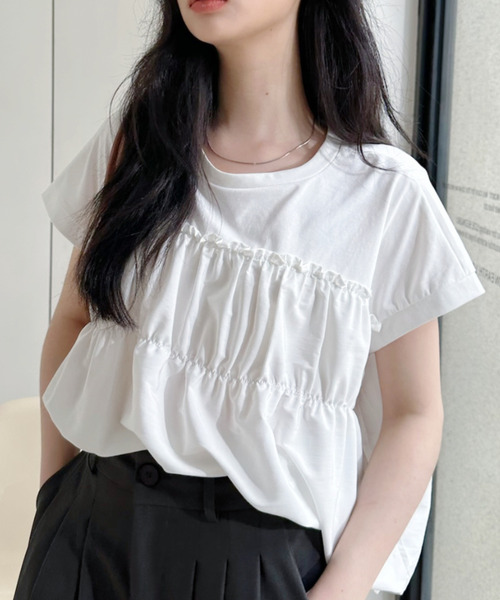 Ada.（エイダ）の「フロントギャザー ビスチェ風 フレンチスリーブカットソー（Tシャツ/カットソー・レディース・アイボリー/ブラック/ホワイト・FREE）」の10枚目の写真