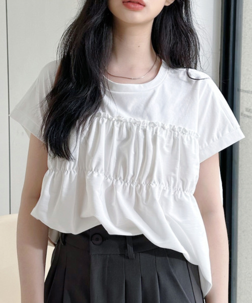 Ada.（エイダ）の「フロントギャザー ビスチェ風 フレンチスリーブカットソー（Tシャツ/カットソー・レディース・アイボリー/ブラック/ホワイト・FREE）」の11枚目の写真