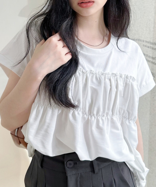 Ada.（エイダ）の「フロントギャザー ビスチェ風 フレンチスリーブカットソー（Tシャツ/カットソー・レディース・アイボリー/ブラック/ホワイト・FREE）」の12枚目の写真