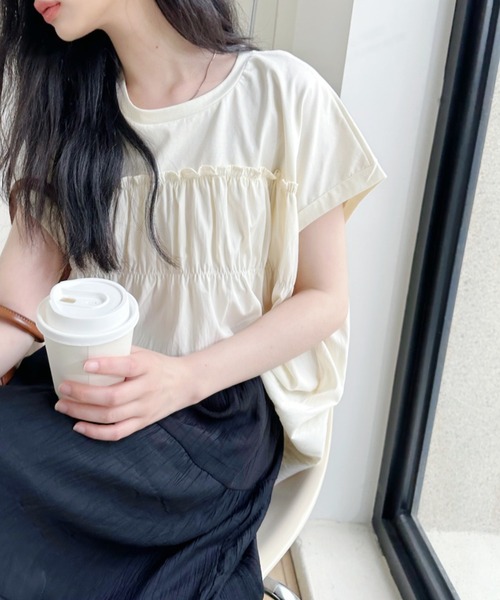 Ada.（エイダ）の「フロントギャザー ビスチェ風 フレンチスリーブカットソー（Tシャツ/カットソー・レディース・アイボリー/ブラック/ホワイト・FREE）」の18枚目の写真