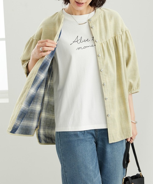 BELLUNA PLUS(ベルーナ)の「ダブルガーゼ素材切替デザインブラウス(シャツ/ブラウス・レディース・ピンク系その他/ネイビー系/グリーン系その他/イエロー系・MEDIUM/LARGE/X-LARGE)」の4枚目の写真