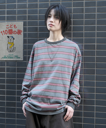 ピグメントストライプリンガー長袖Tシャツ - ピンク