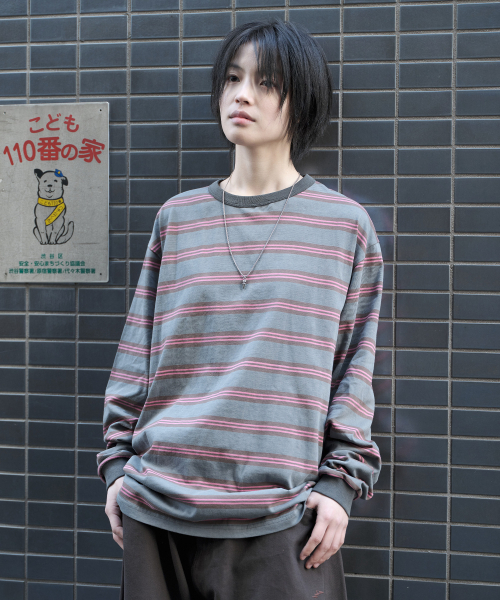 SUPERSUB(スーパーサブ)の「ピグメントストライプリンガー長袖Tシャツ - ピンク(Tシャツ/カットソー・レディース・その他・SMALL/MEDIUM/LARGE)」の1枚目の写真