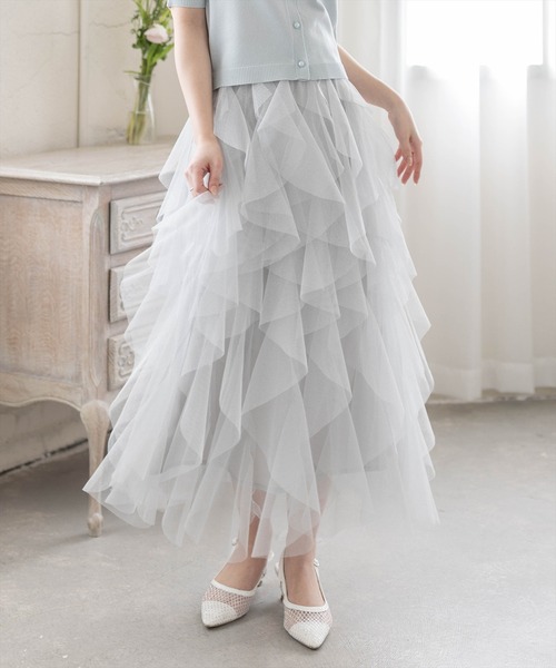 CLEAR BASIC（クリアベーシック）の「ラメチュールフリルロングスカート［骨格ウェーブ/ガーリー/フェミニン］（スカート・レディース・ブラック/グレー/アイボリー・F）」の3枚目の写真