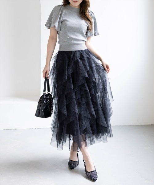 CLEAR BASIC（クリアベーシック）の「ラメチュールフリルロングスカート［骨格ウェーブ/ガーリー/フェミニン］（スカート・レディース・ブラック/グレー/アイボリー・F）」の9枚目の写真