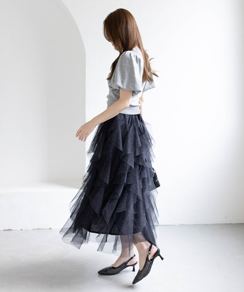 CLEAR BASIC（クリアベーシック）の「ラメチュールフリルロングスカート［骨格ウェーブ/ガーリー/フェミニン］（スカート・レディース・ブラック/グレー/アイボリー・F）」の5枚目の写真