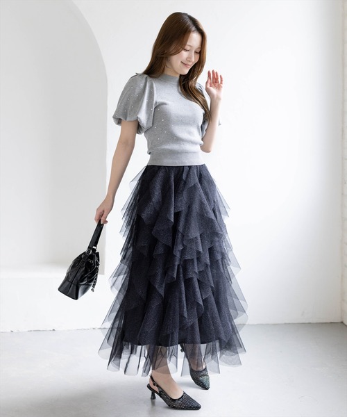 CLEAR BASIC（クリアベーシック）の「ラメチュールフリルロングスカート［骨格ウェーブ/ガーリー/フェミニン］（スカート・レディース・ブラック/グレー/アイボリー・F）」の6枚目の写真