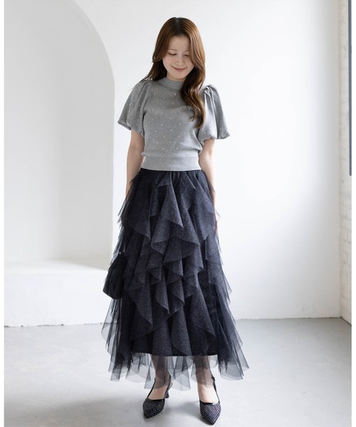 CLEAR BASIC（クリアベーシック）の「ラメチュールフリルロングスカート［骨格ウェーブ/ガーリー/フェミニン］（スカート・レディース・ブラック/グレー/アイボリー・F）」の7枚目の写真