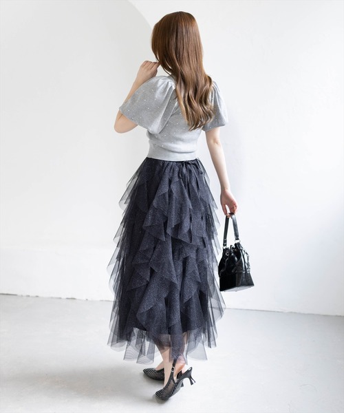 CLEAR BASIC（クリアベーシック）の「ラメチュールフリルロングスカート［骨格ウェーブ/ガーリー/フェミニン］（スカート・レディース・ブラック/グレー/アイボリー・F）」の8枚目の写真