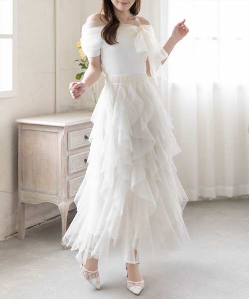 CLEAR BASIC（クリアベーシック）の「ラメチュールフリルロングスカート［骨格ウェーブ/ガーリー/フェミニン］（スカート・レディース・ブラック/グレー/アイボリー・F）」の16枚目の写真