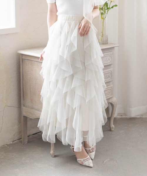 CLEAR BASIC（クリアベーシック）の「ラメチュールフリルロングスカート［骨格ウェーブ/ガーリー/フェミニン］（スカート・レディース・ブラック/グレー/アイボリー・F）」の10枚目の写真