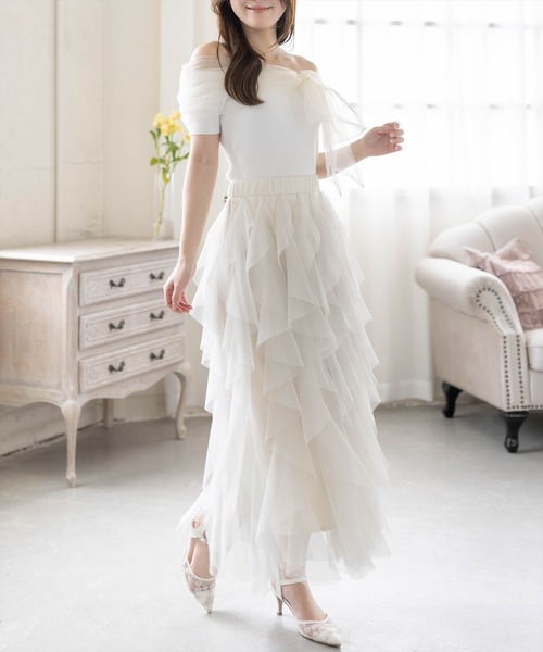 CLEAR BASIC（クリアベーシック）の「ラメチュールフリルロングスカート［骨格ウェーブ/ガーリー/フェミニン］（スカート・レディース・ブラック/グレー/アイボリー・F）」の14枚目の写真