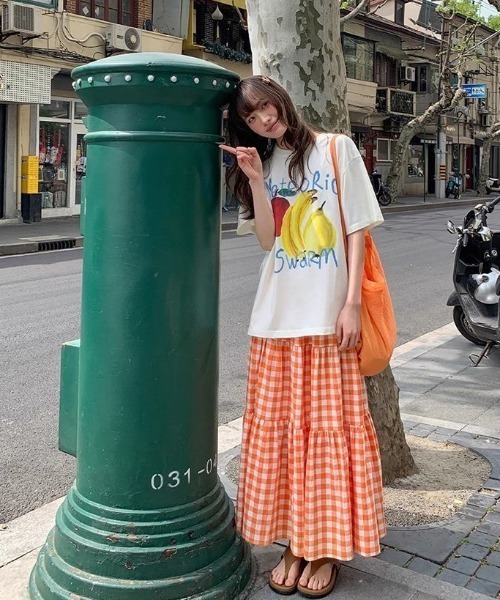 Sibra(シブラ)の「夏らしい彩りを纏う。カラーチェックティアードスカート(スカート・レディース・オレンジ/グリーン/イエロー・M)」の7枚目の写真