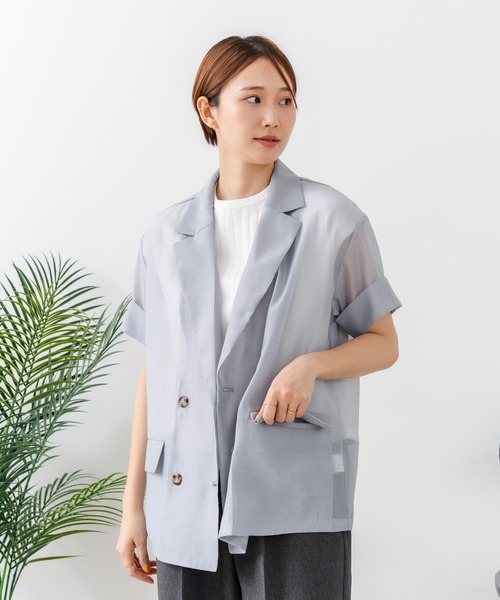 fort point(フォーポイント)の「【C-FORT POINT/フォートポイント】涼しい羽織り シアー素材 半袖 ダブルテーラードジャケット きれいめ オフィス 通勤 冷房対策 韓国ファッション 大人カジュアル(テーラードジャケット・レディース・ブラック/ブラウン/グレー・FREE)」の18枚目の写真