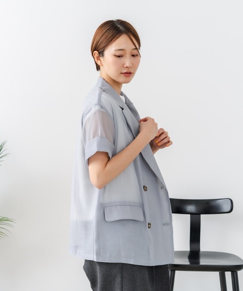 fort point(フォーポイント)の「【C-FORT POINT/フォートポイント】涼しい羽織り シアー素材 半袖 ダブルテーラードジャケット きれいめ オフィス 通勤 冷房対策 韓国ファッション 大人カジュアル(テーラードジャケット・レディース・ブラック/ブラウン/グレー・FREE)」の22枚目の写真